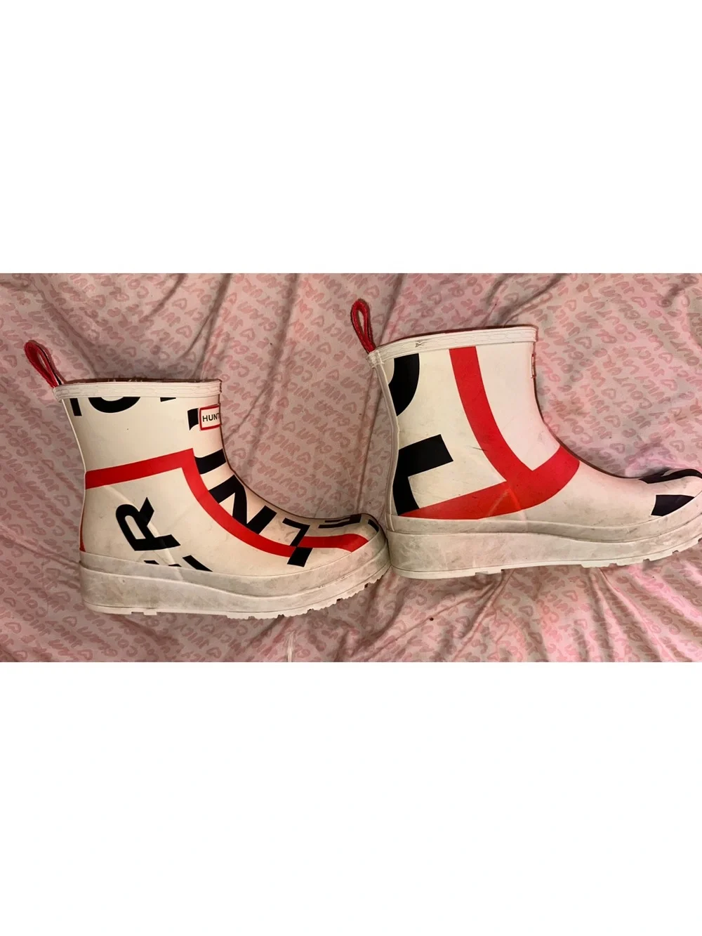 Sz 8.5 Hunter Original Play Exploded Logo Short Rain Boots - White/Red/Black